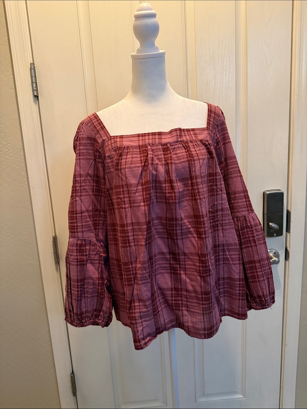 a.n.a Wine Plaid Square-Neck Peasant Top